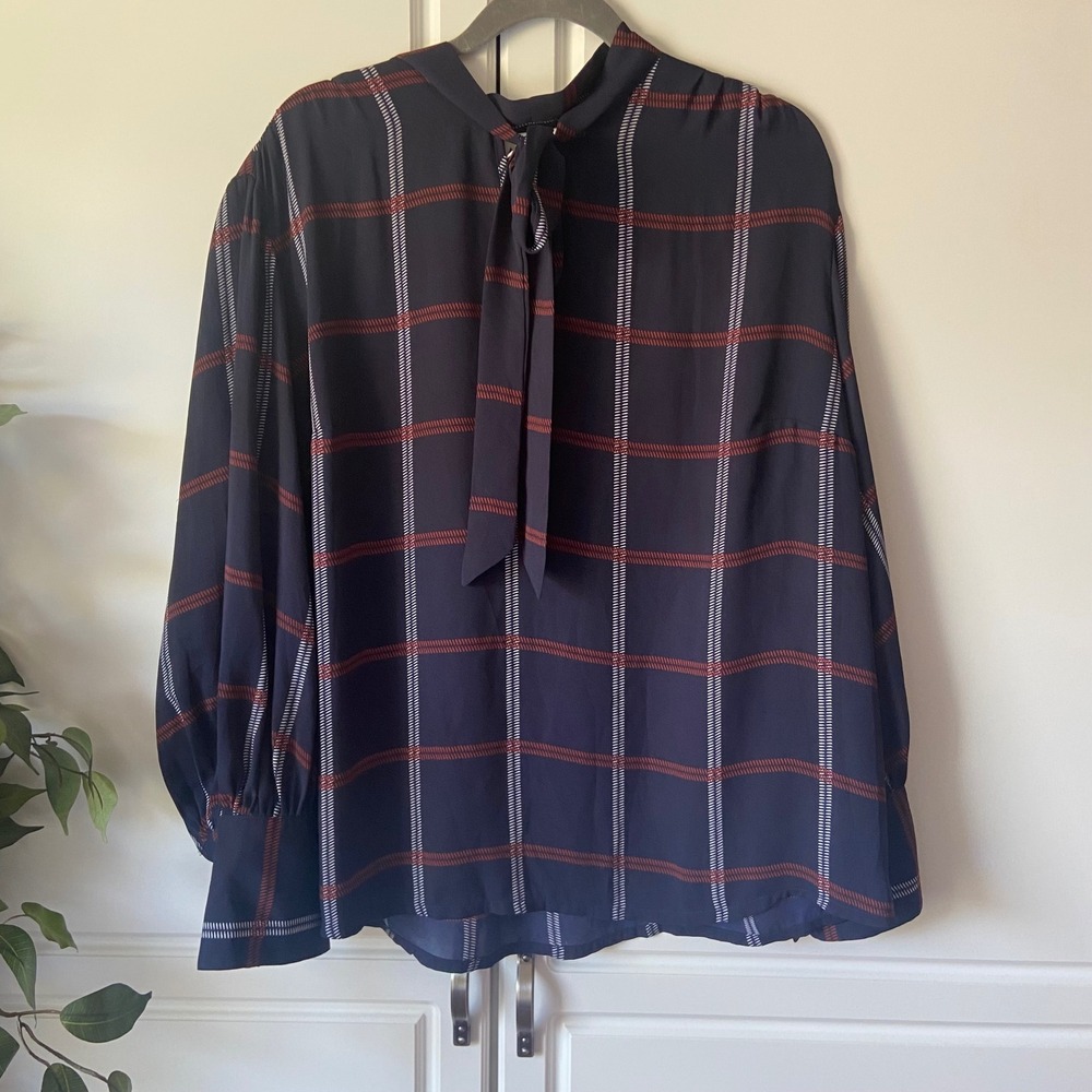 Ava & Viv Navy Blue Plaid Tie Neck Blouse Lantern Sleeve Plus Size 1X